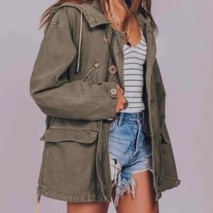 Free People XS Joshua Tree Jacket Utility Army Green Hooded Coat Oversized